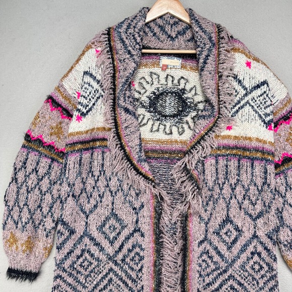 Pilcro Anthropologie Evil Eye Fringe Cardigan Sweater XS/S Boho Intarsia Knit - Picture 3 of 11